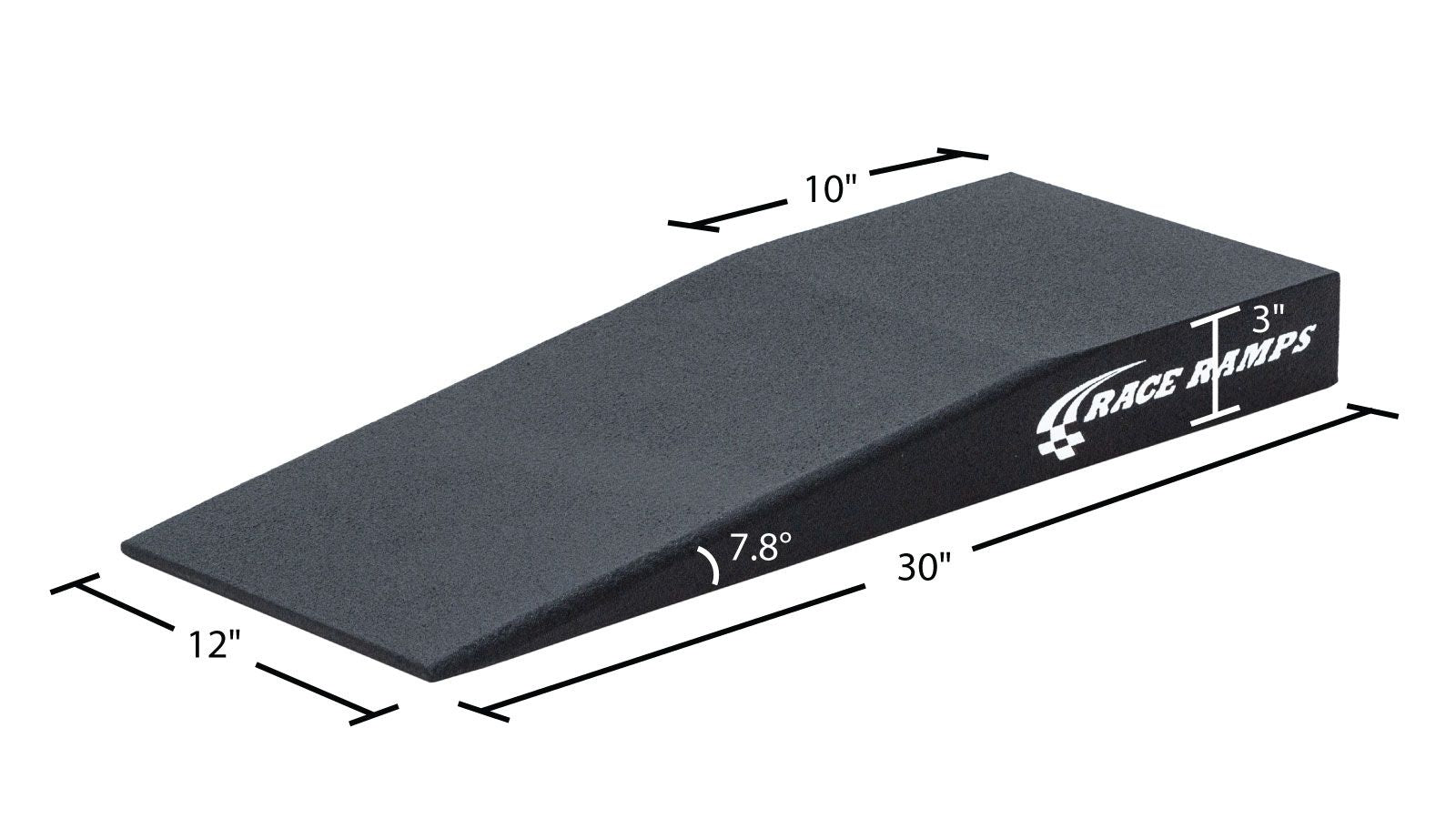 Race Ramps Trak-Jax dimensions, 30 inches long by 12 inches wide with 3 inch lift and 7.8 degree approach