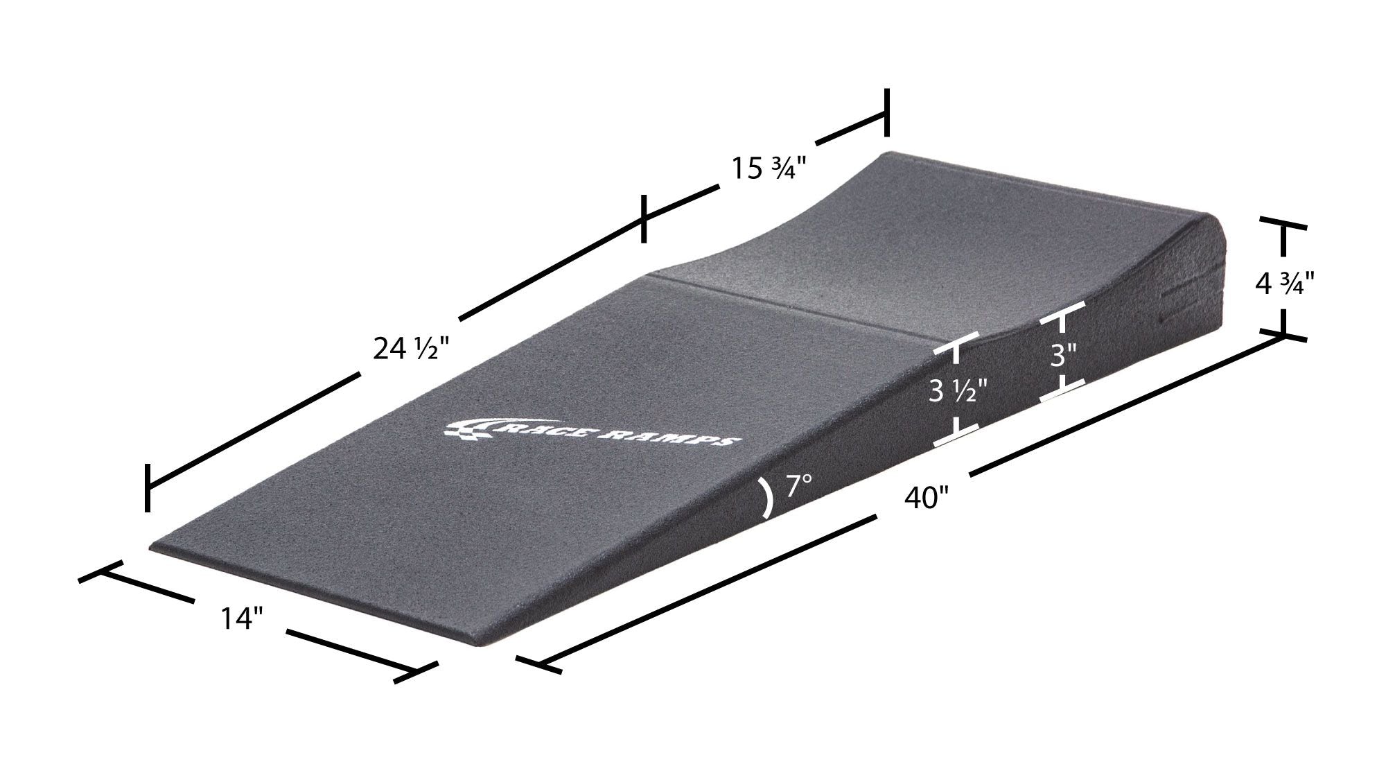 Race Ramps RR-TM-FRT dimensions, 40 inches long by 14 inches wide with 7 degree approach