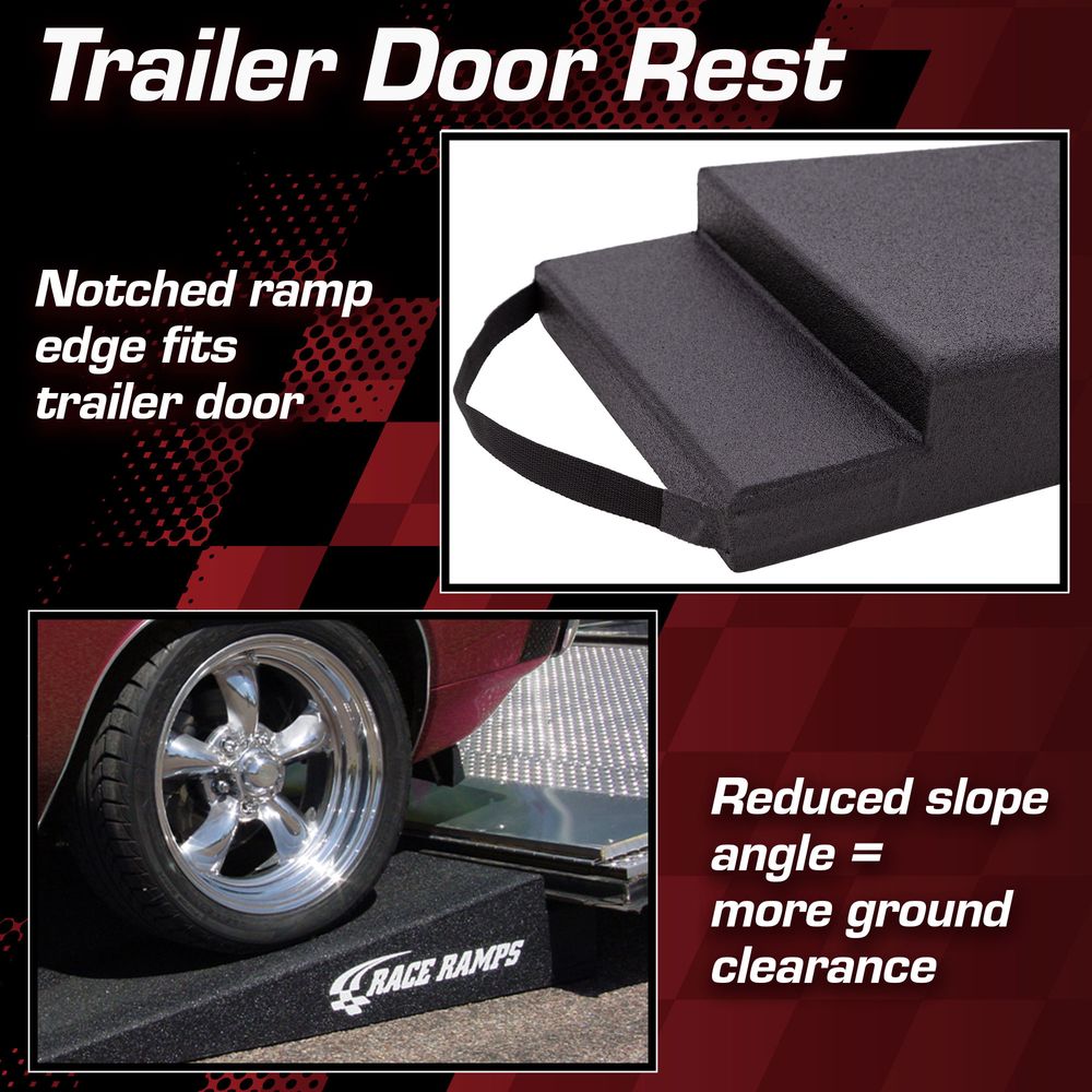 Trailer door rest diagram showing the notched ramp edge sitting on a trailer door for a reduced slope angle