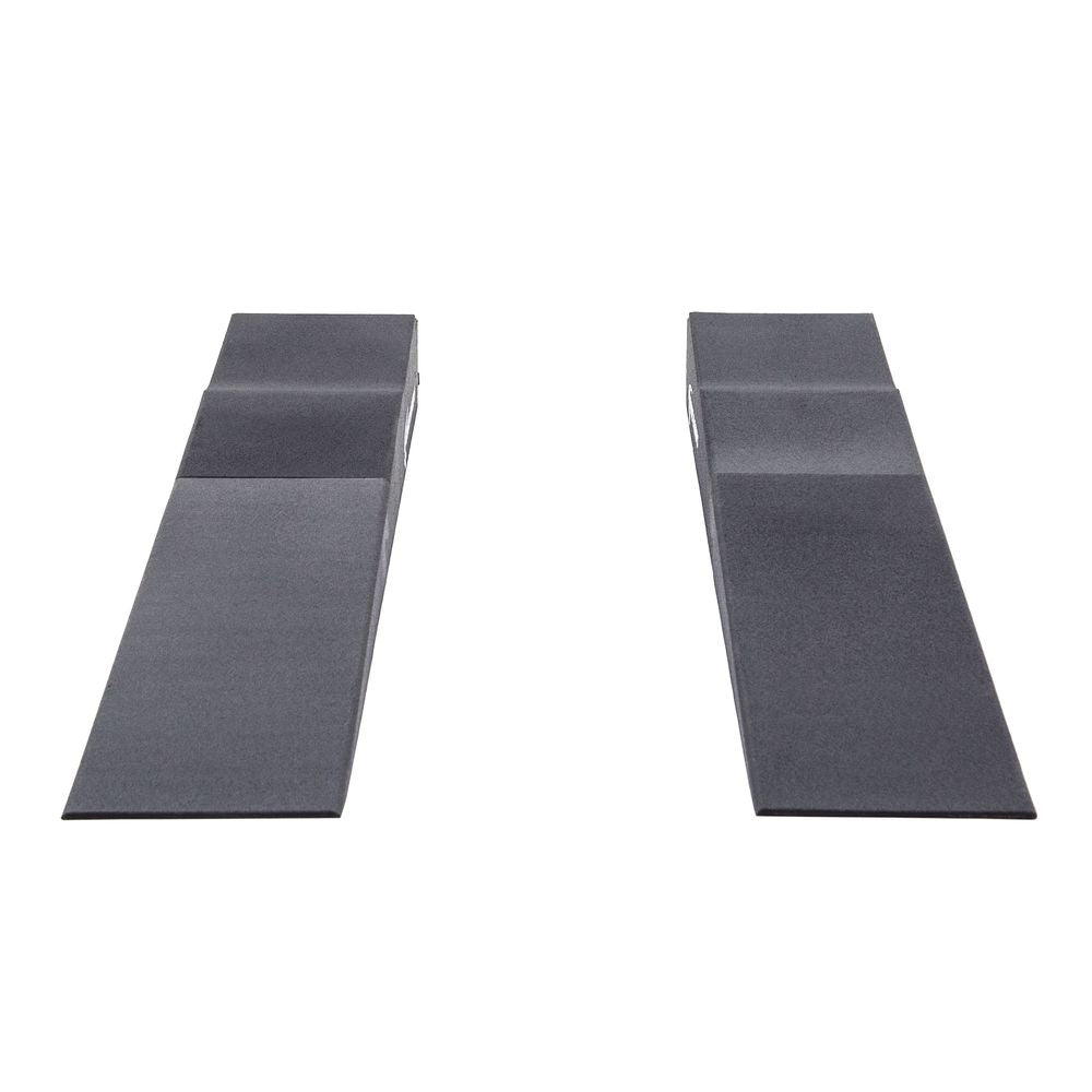 Top view of Race Ramps RR-TR-9-FLP trailer ramps showing the 18 inch flap cut out