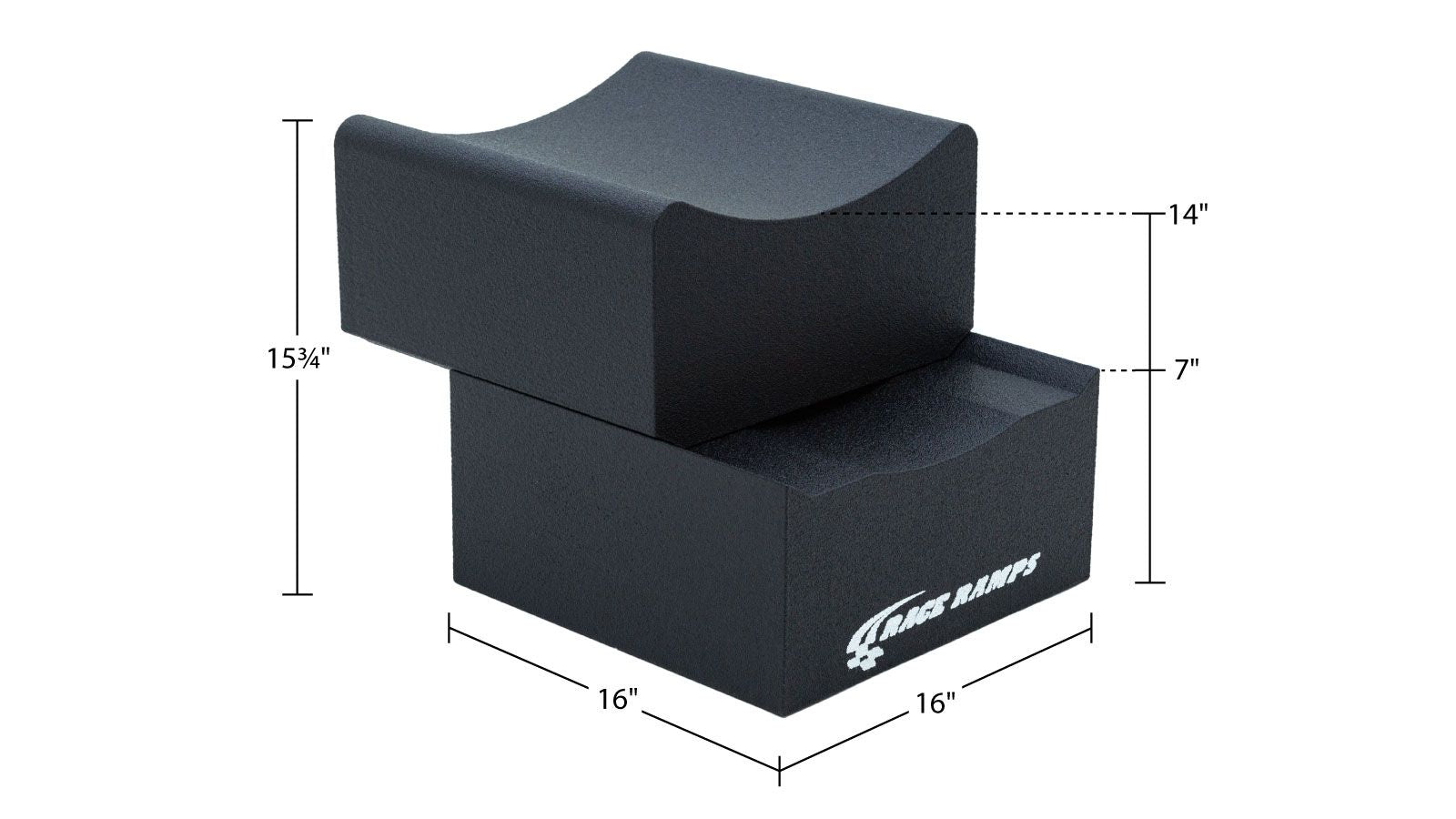 Race Ramps RR-WC-14-SC-2 dimensions, 16 inch square base, 15.75 inch tall, splits at 7 inches