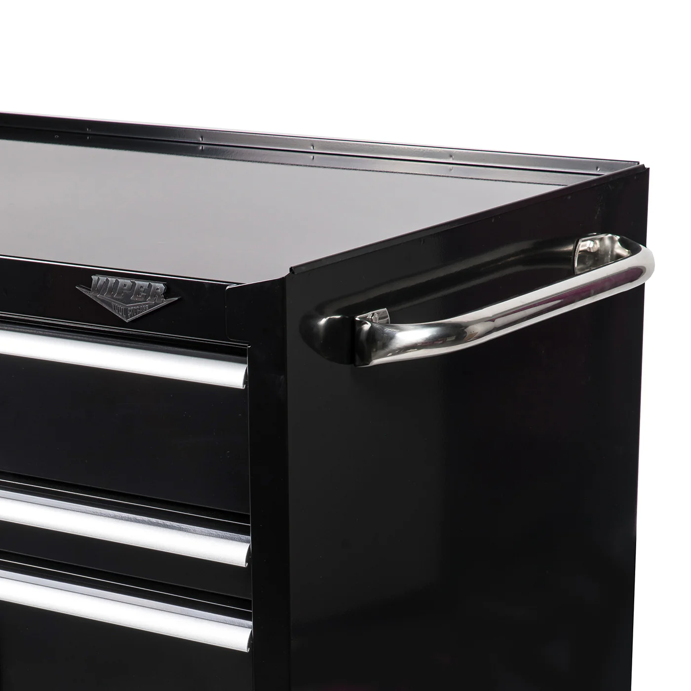 Side view of Viper black rolling cabinet with stainless steel handle