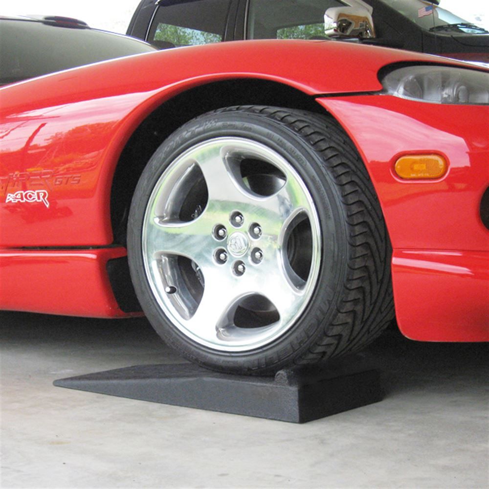 Dodge Viper front wheel raised on a Race Ramps Trak-Jax