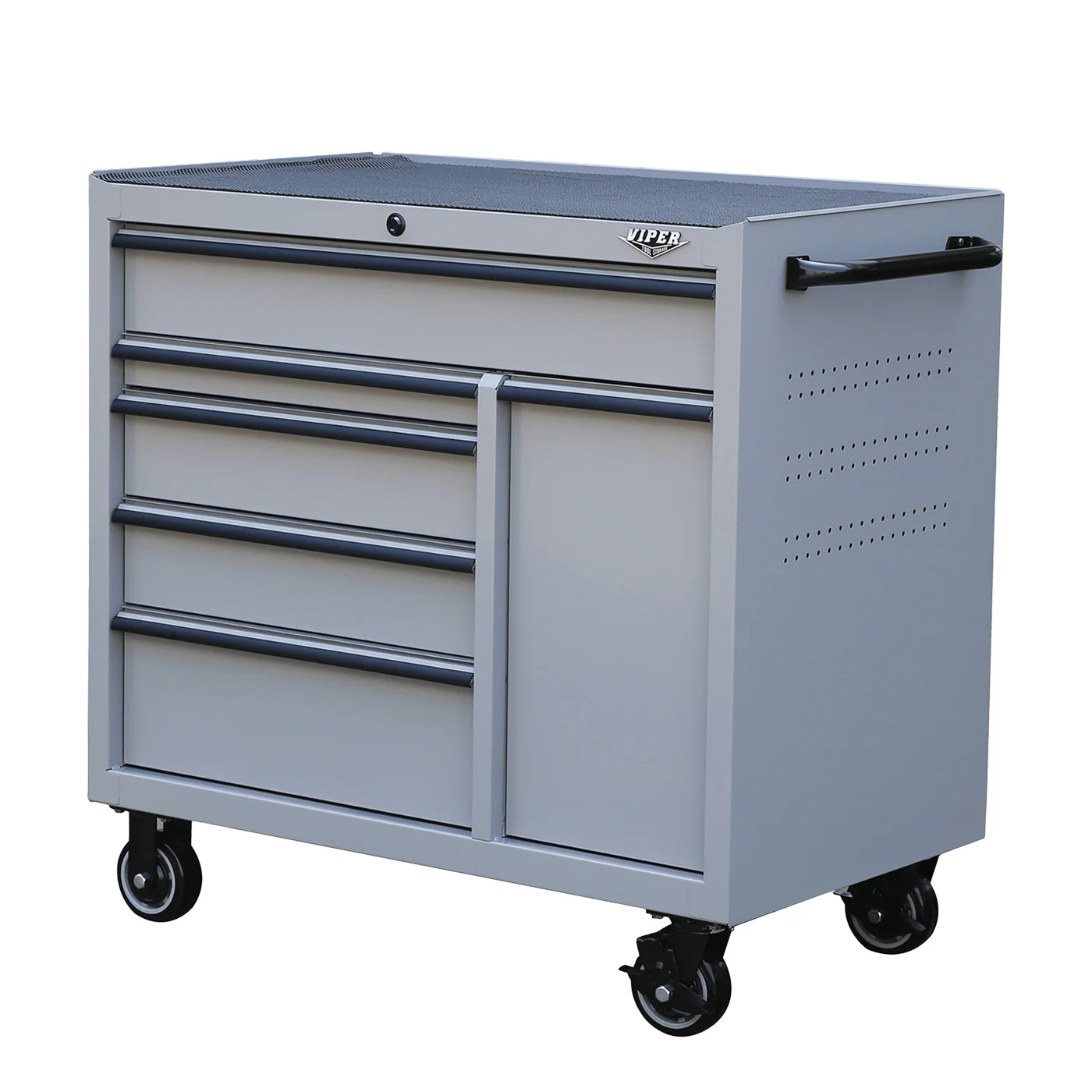 viper 41 inch gray rolling cabinet angled side view with pegboard panel