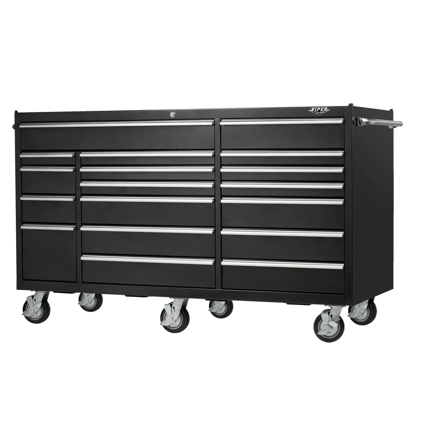 viper 72 inch black rolling tool cabinet with full length drawers and chrome handles