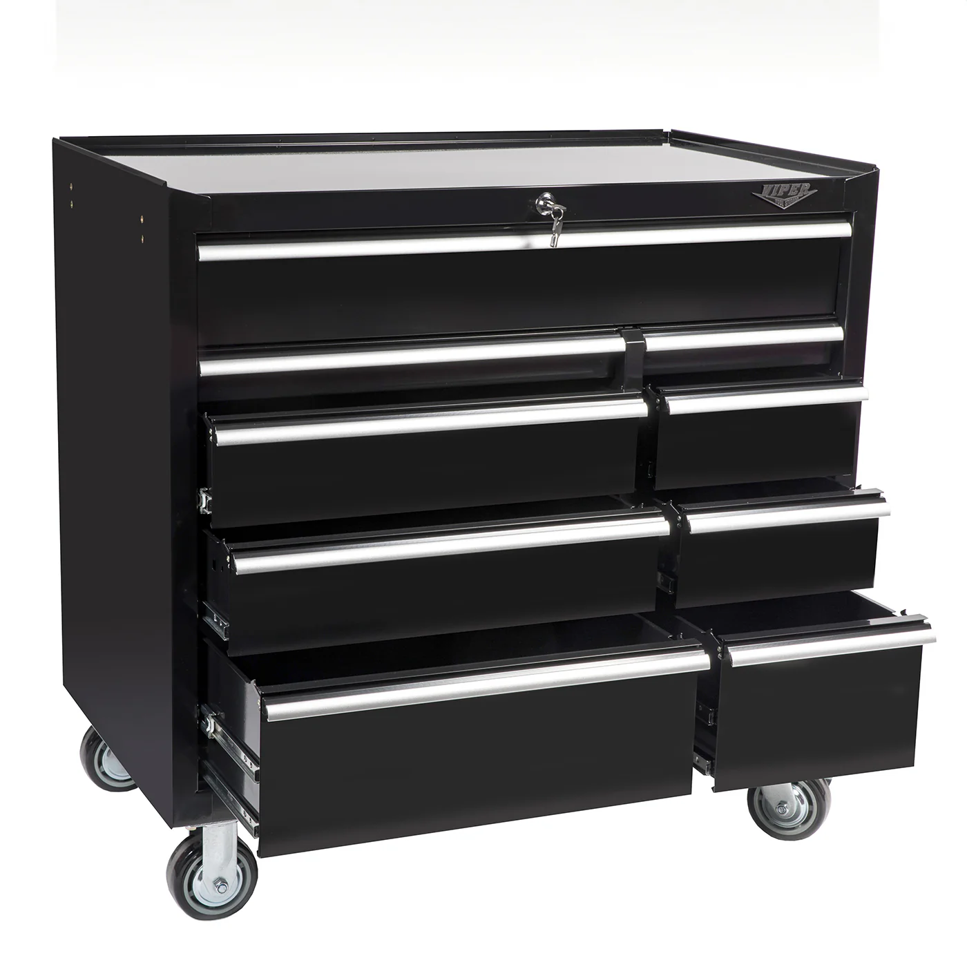 Viper black 9-drawer rolling cabinet with all drawers open