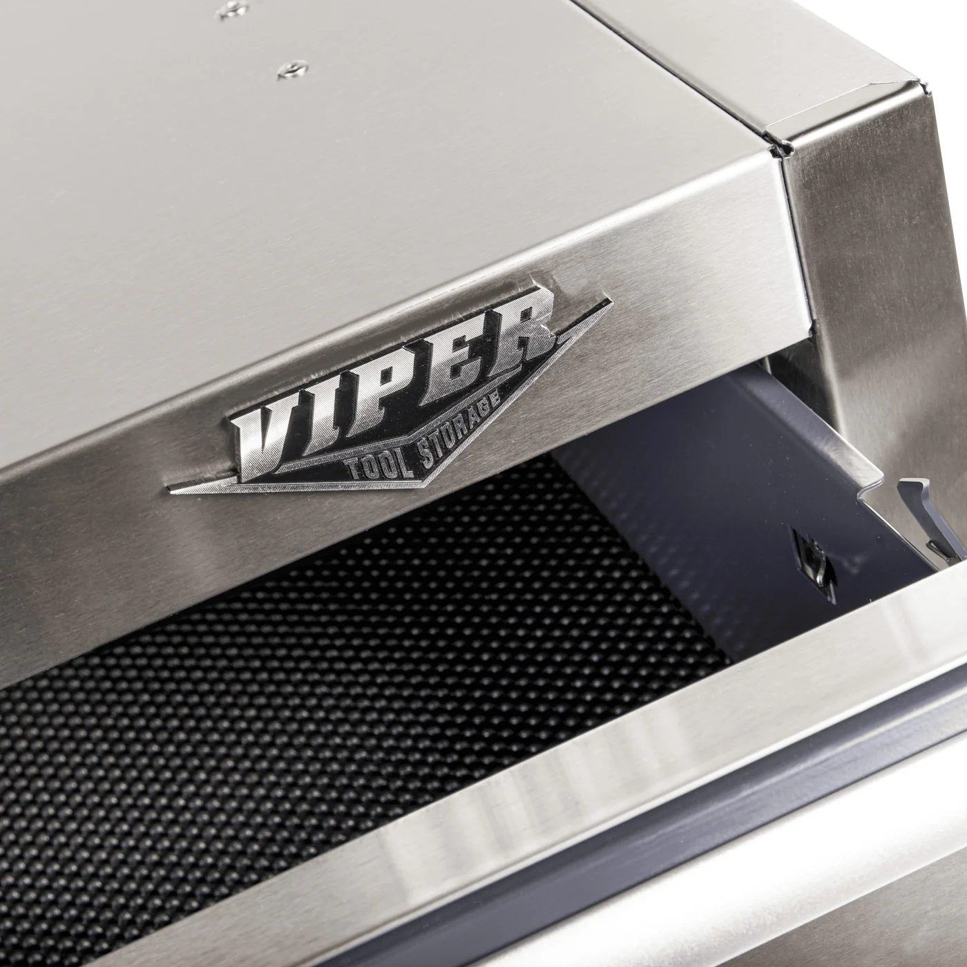 viper logo and drawer liner inside stainless steel tool cabinet