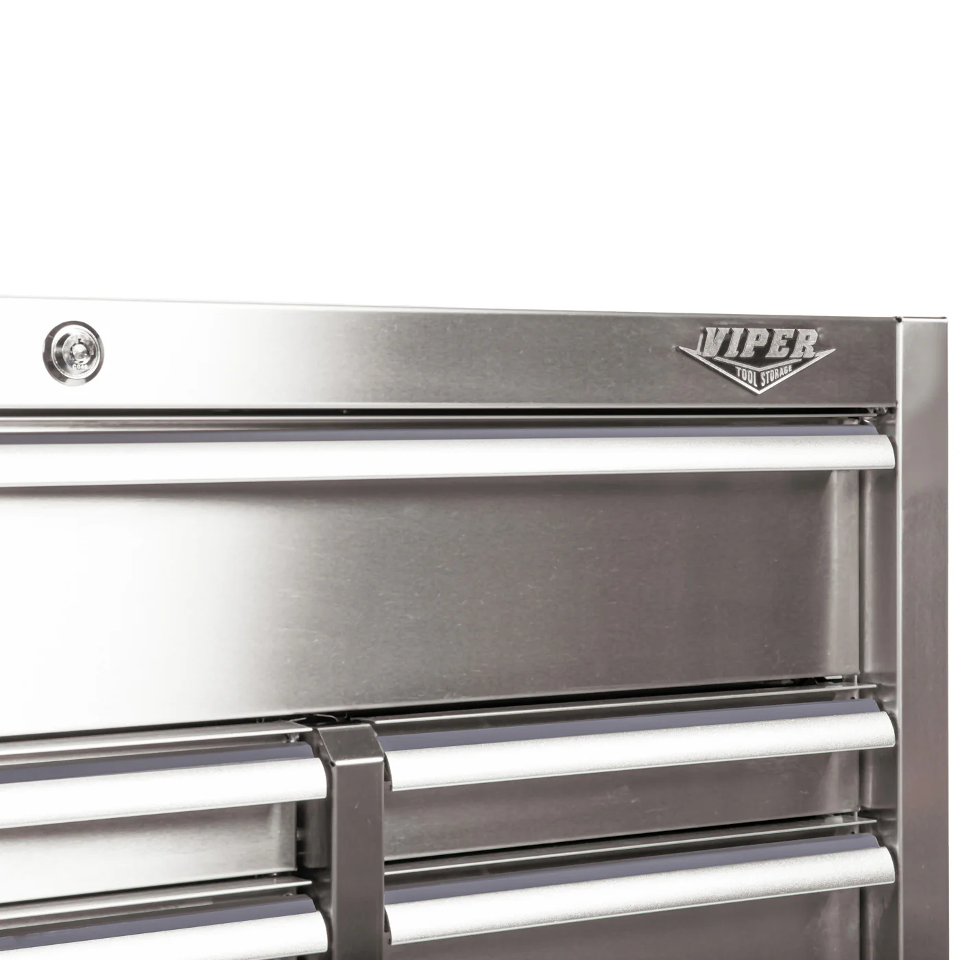 viper logo and lock detail on stainless steel tool cabinet