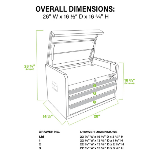 Viper Tool Storage LB2603CSC dimensions diagram 26 inch 3 drawer top chest