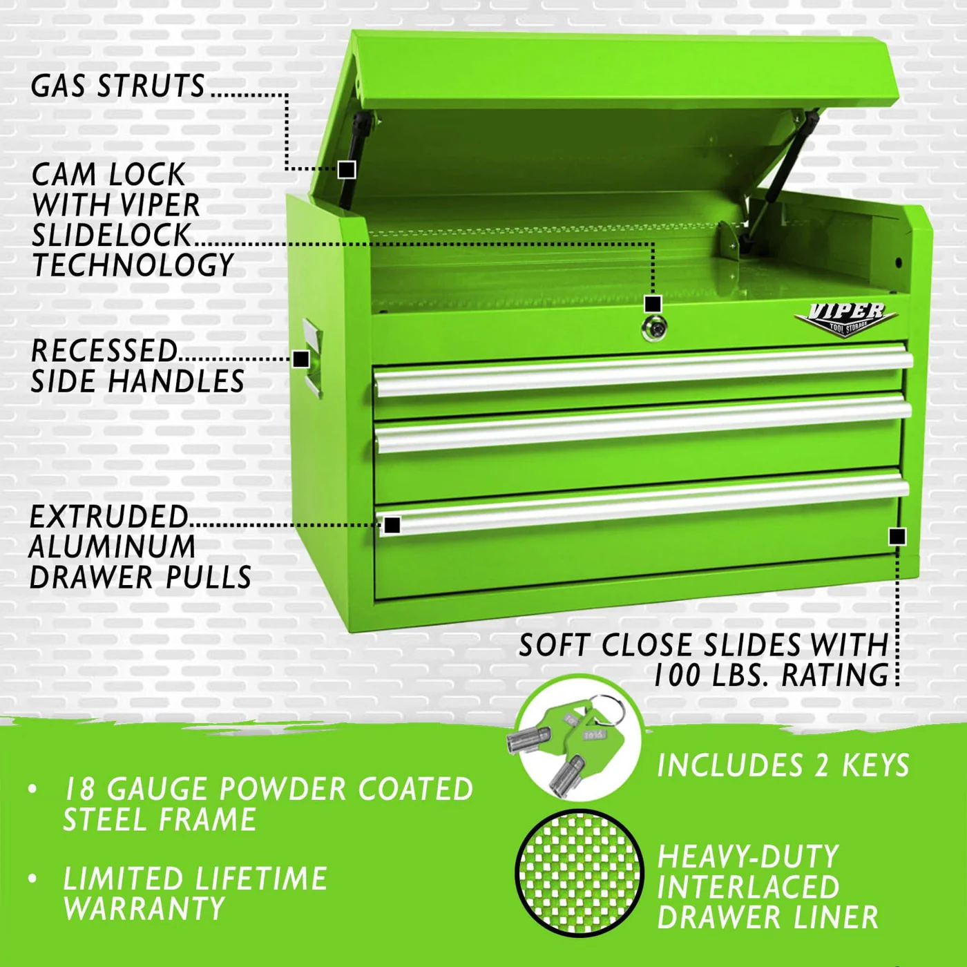 Viper Tool Storage LB2603CSC feature callouts gas struts cam lock aluminum drawer pulls