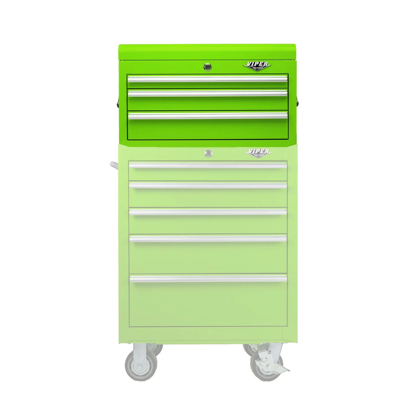 Viper Tool Storage LB2603CSC stacked on rolling cabinet lime green