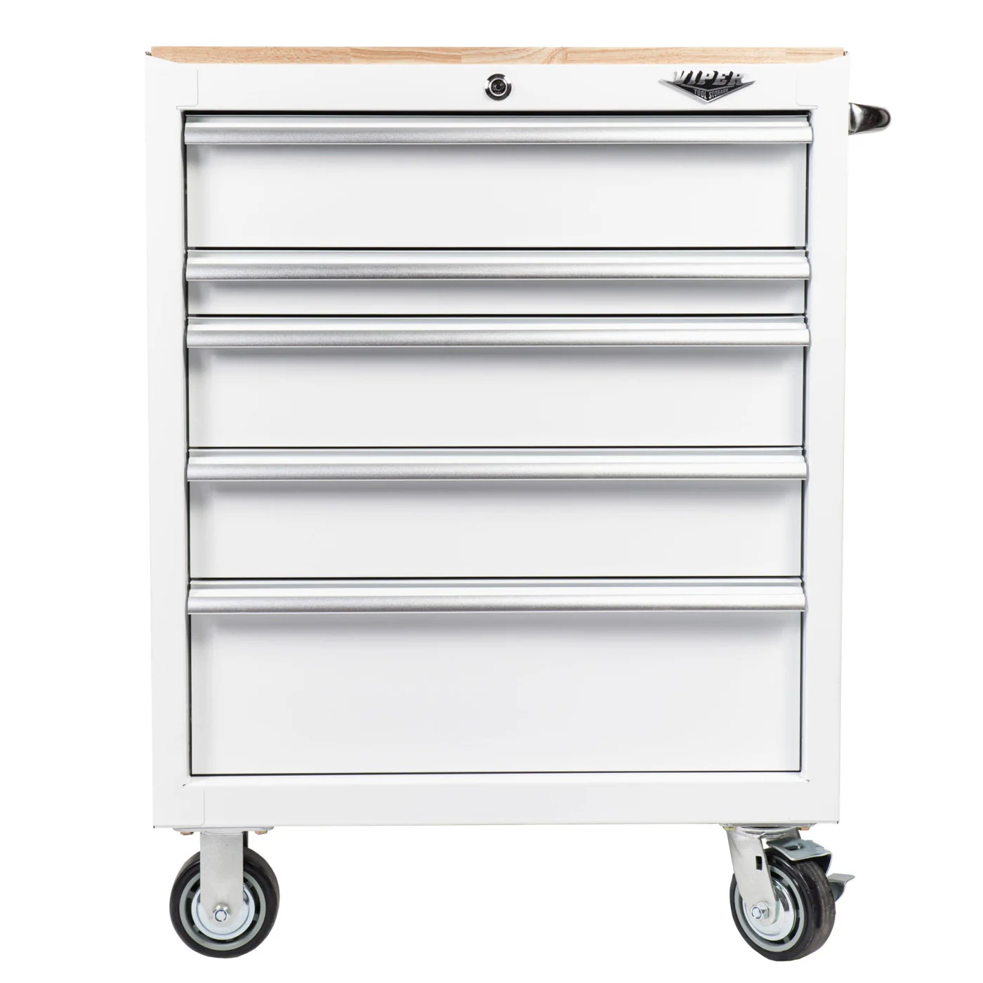 viper tools 30 inch 5 drawer rolling cabinet white front view
