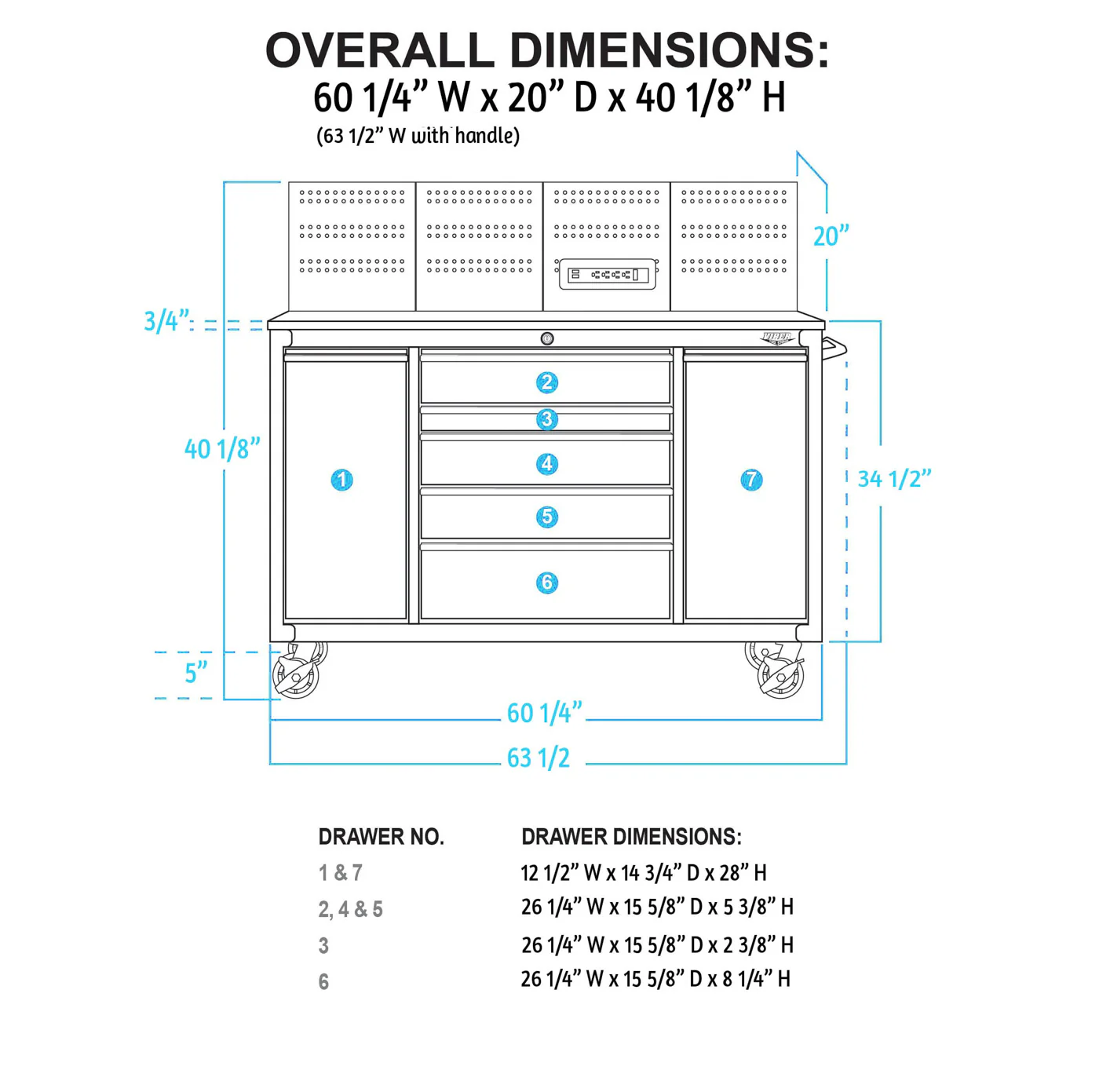Viper Tools 60-Inch 7-Drawer Workstation drawer dimensions diagram