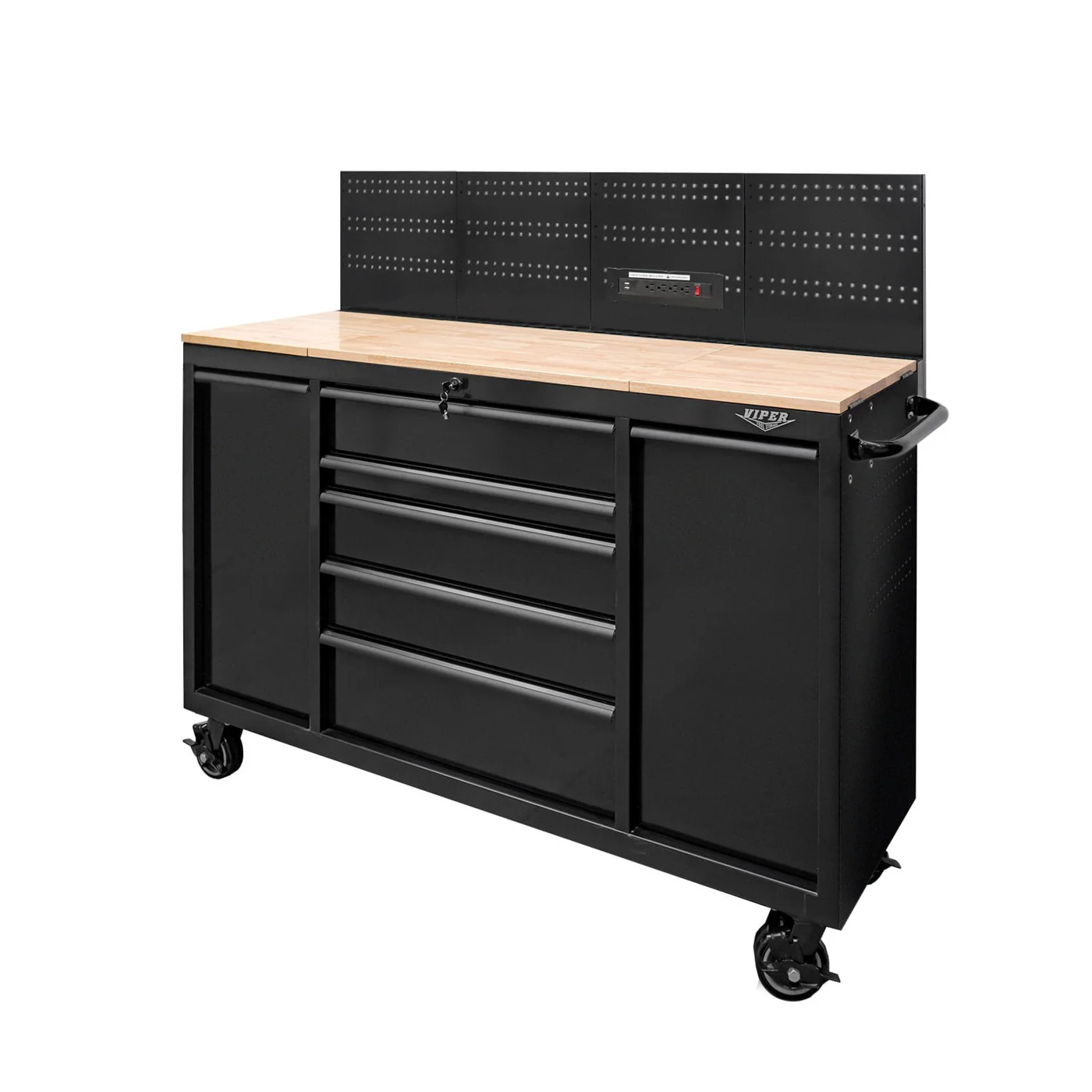 Viper Tools 60-Inch 7-Drawer Workstation with pegboard and butcher block top
